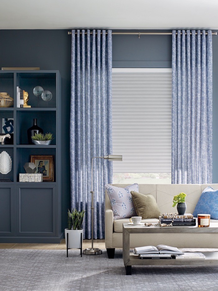 Blue living room with white couch and book shelf.